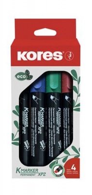 Permanentný popisovač, sada, 3-5 mm, zrezaný hrot, KORES "ECO K-Marker XP2", 4 rôzne farby