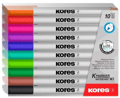 Popisovač na biele a flipchartové tabule, sada, 1-3 mm, kužeľový hrot, KORES "K-Marker W1", 10 rôznych farieb