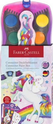 Vodové farby, 12-kusové, skladacie, FABER-CASTELL "Jednorožec" + 1 tuba bielej temperovej farby + nálepky jednorožca