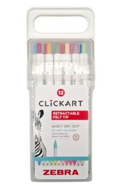 Popisovač, sada, stláčací mechanizmus, 0,6 mm, ZEBRA "Clickart" 12 rôznych pastelových farieb