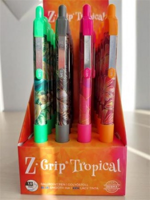 Guľôčkové pero, displej, 0,27 mm, stláčací mechanizmus, ZEBRA "Z-Grip Tropical", kék, 4 rôzne vzory